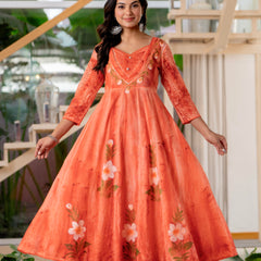 Women Orange Tie&Dye Anarkali shape, kurta, pant & Duptta