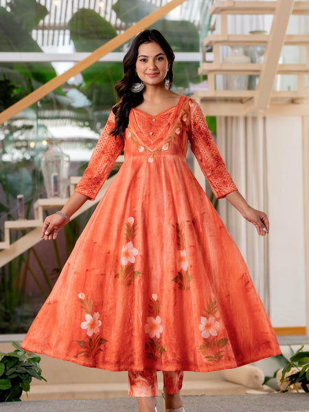 Women Orange Tie&Dye Anarkali shape, kurta, pant & Duptta