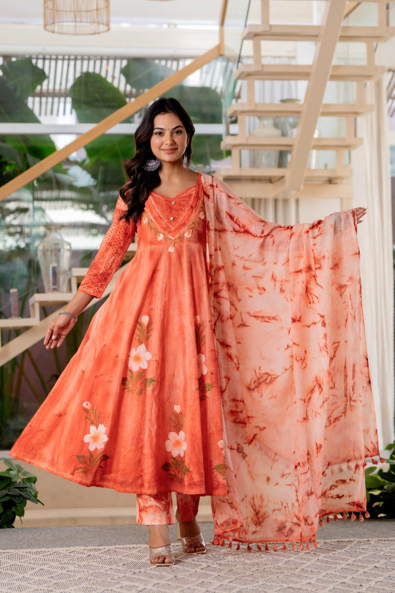 Women Orange Tie&Dye Anarkali shape, kurta, pant & Duptta