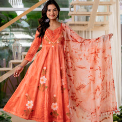 Women Orange Tie&Dye Anarkali shape, kurta, pant & Duptta