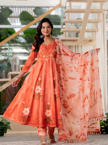 Women Orange Tie&Dye Anarkali shape, kurta, pant & Duptta