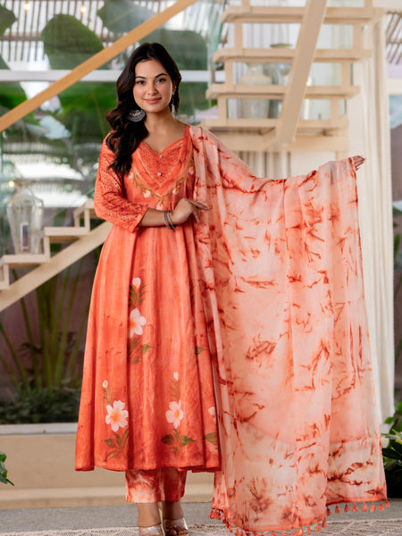 Women Orange Tie&Dye Anarkali shape, kurta, pant & Duptta
