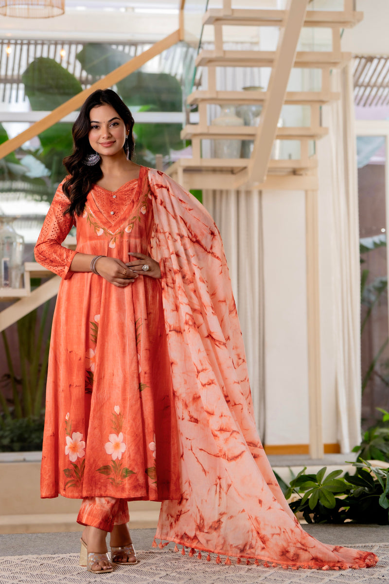 Women Orange Tie&Dye Anarkali shape, kurta, pant & Duptta