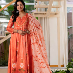 Women Orange Tie&Dye Anarkali shape, kurta, pant & Duptta