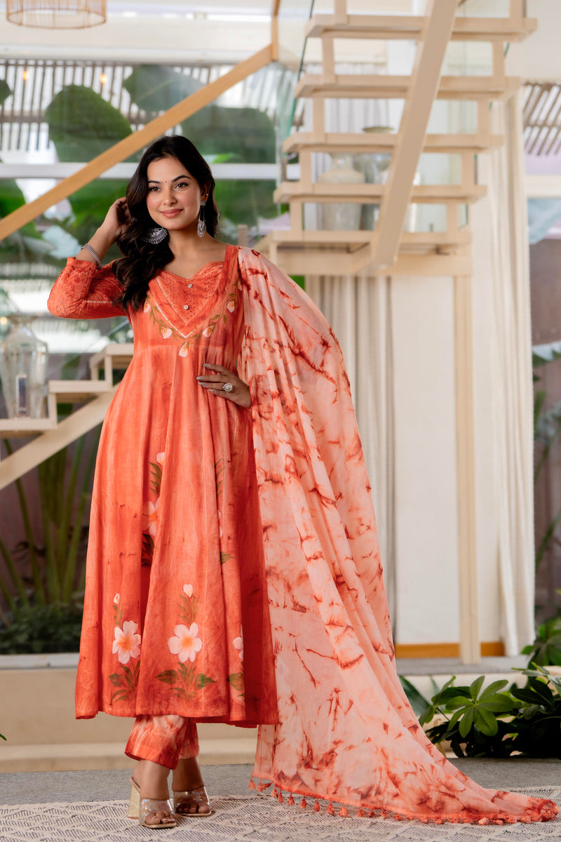 Women Orange Tie&Dye Anarkali shape, kurta, pant & Duptta