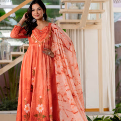 Women Orange Tie&Dye Anarkali shape, kurta, pant & Duptta