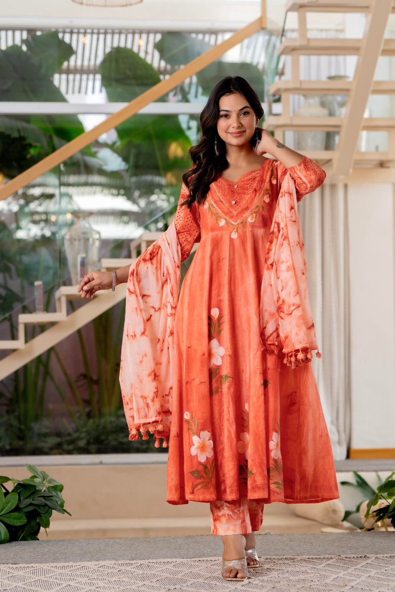 Women Orange Tie&Dye Anarkali shape, kurta, pant & Duptta