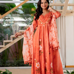 Women Orange Tie&Dye Anarkali shape, kurta, pant & Duptta