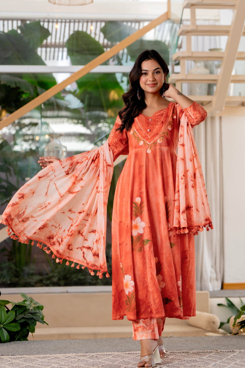 Women Orange Tie&Dye Anarkali shape, kurta, pant & Duptta