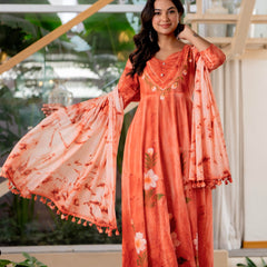 Women Orange Tie&Dye Anarkali shape, kurta, pant & Duptta