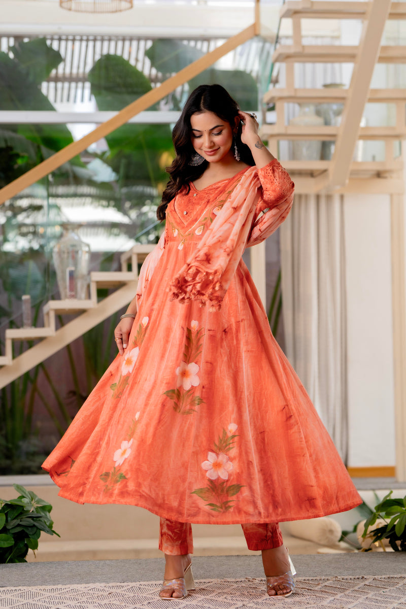 Women Orange Tie&Dye Anarkali shape, kurta, pant & Duptta