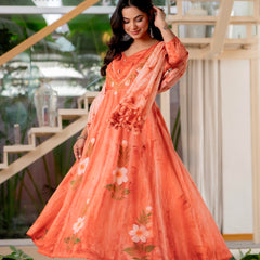 Women Orange Tie&Dye Anarkali shape, kurta, pant & Duptta