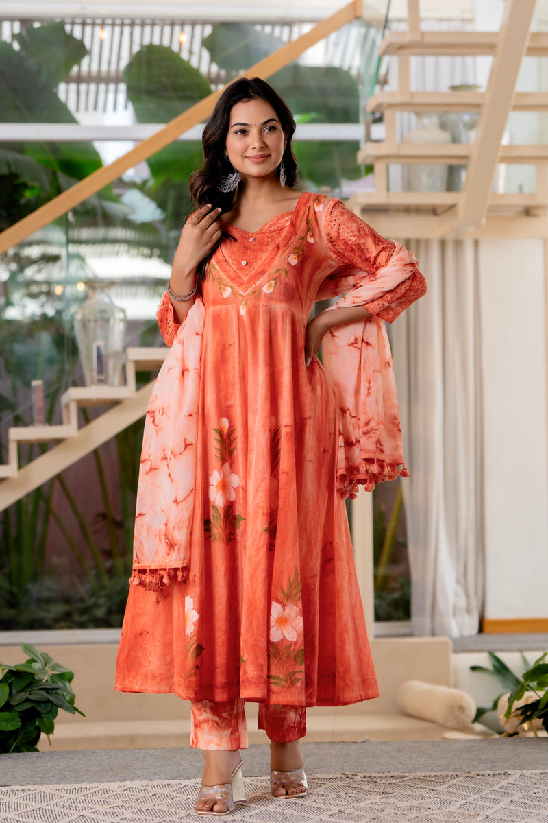 Women Orange Tie&Dye Anarkali shape, kurta, pant & Duptta