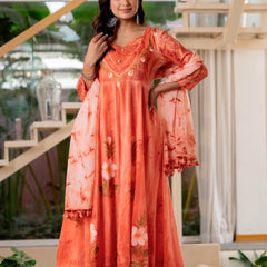 Women Orange Tie&Dye Anarkali shape, kurta, pant & Duptta
