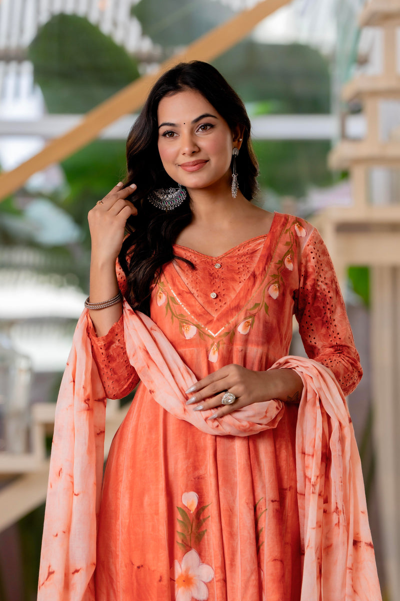 Women Orange Tie&Dye Anarkali shape, kurta, pant & Duptta