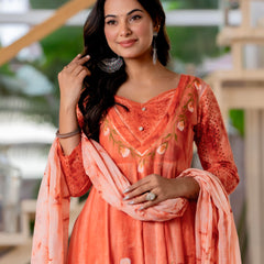 Women Orange Tie&Dye Anarkali shape, kurta, pant & Duptta