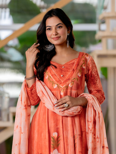 Women Orange Tie&Dye Anarkali shape, kurta, pant & Duptta