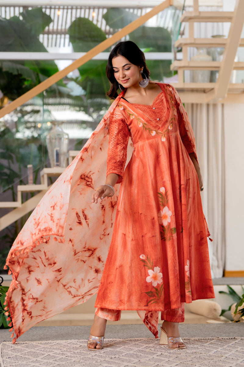 Women Orange Tie&Dye Anarkali shape, kurta, pant & Duptta