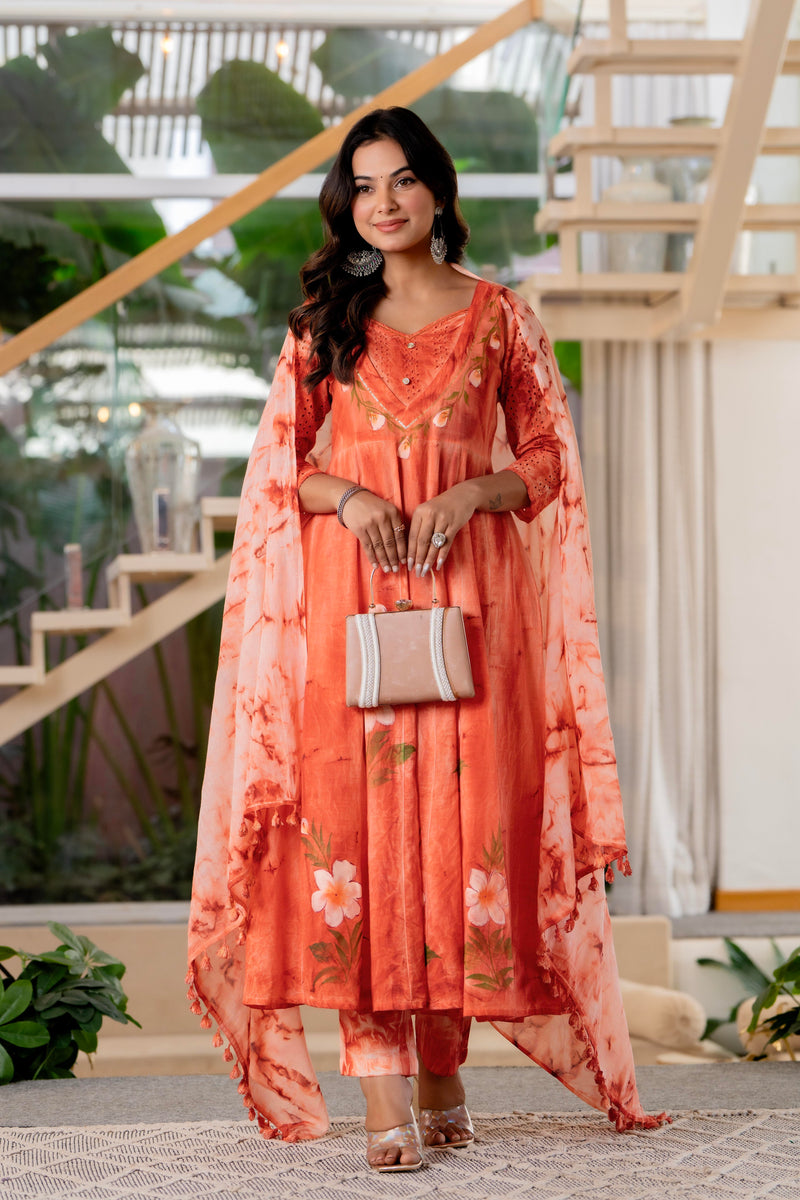 Women Orange Tie&Dye Anarkali shape, kurta, pant & Duptta