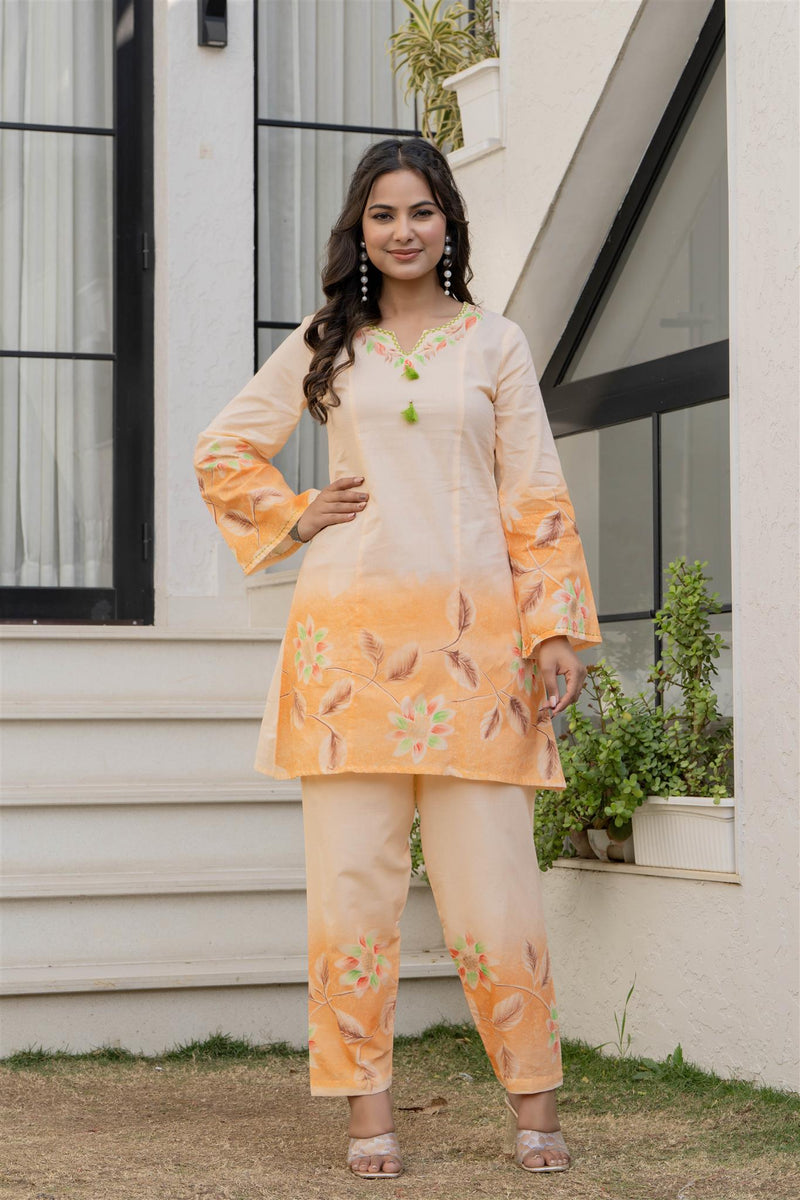 Woman Cotton V-Neck with Collor Hand Brush Painted Cord Set