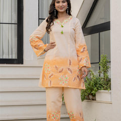 Woman Cotton V-Neck with Collor Hand Brush Painted Cord Set
