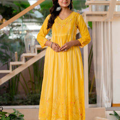 Women Yellow Tie&Dye and Manual embroidery Anarkali shape, kurta, pant & Duptta