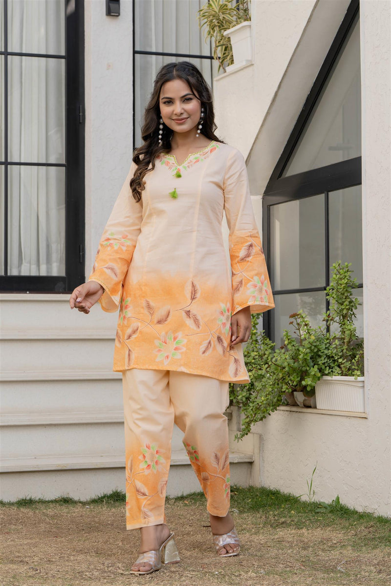 Woman Cotton V-Neck with Collor Hand Brush Painted Cord Set