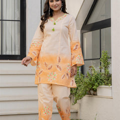 Woman Cotton V-Neck with Collor Hand Brush Painted Cord Set