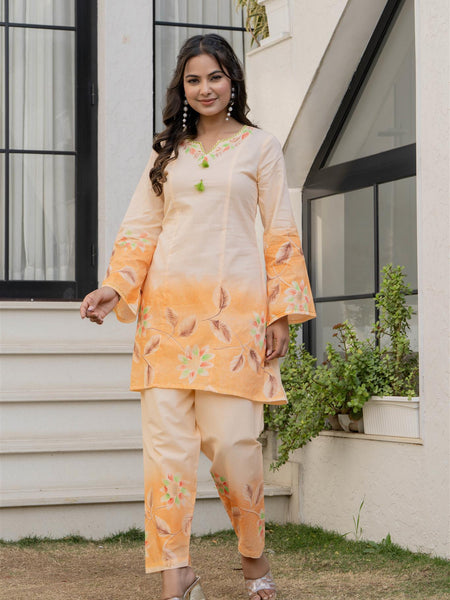 Woman Cotton V-Neck with Collor Hand Brush Painted Cord Set