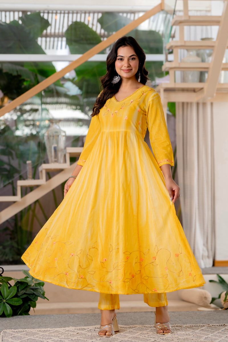 Women Yellow Tie&Dye and Manual embroidery Anarkali shape, kurta, pant & Duptta