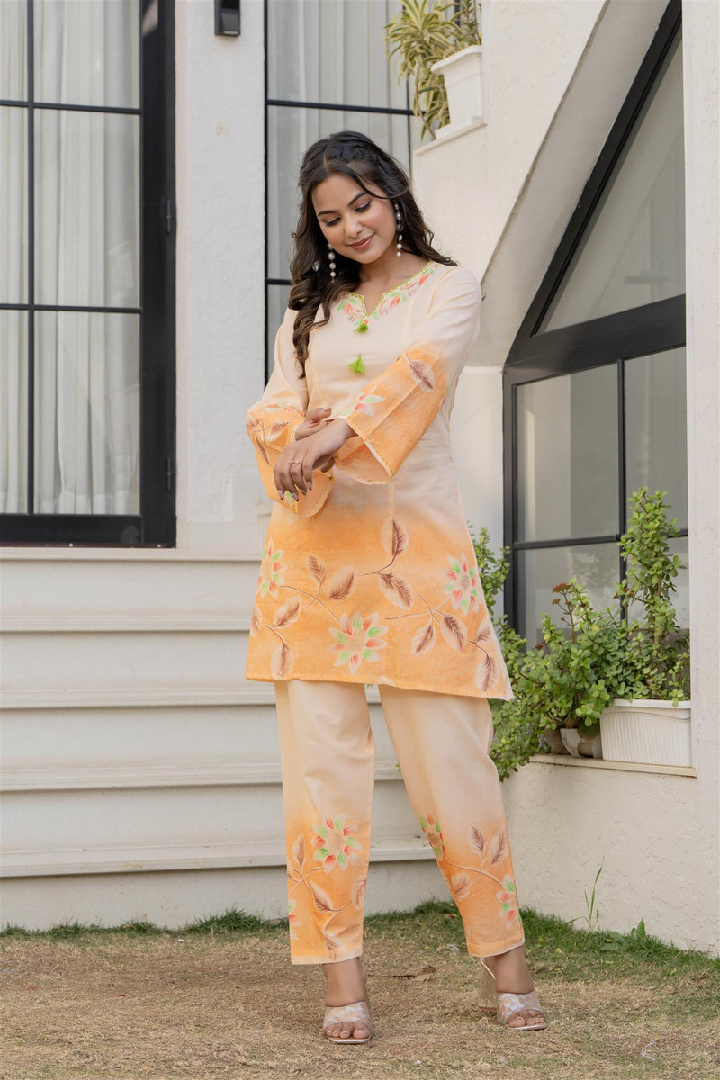 Woman Cotton V-Neck with Collor Hand Brush Painted Cord Set