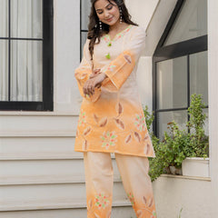 Woman Cotton V-Neck with Collor Hand Brush Painted Cord Set