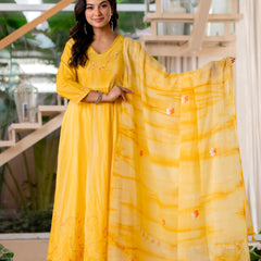 Women Yellow Tie&Dye and Manual embroidery Anarkali shape, kurta, pant & Duptta
