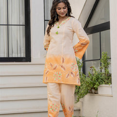 Woman Cotton V-Neck with Collor Hand Brush Painted Cord Set