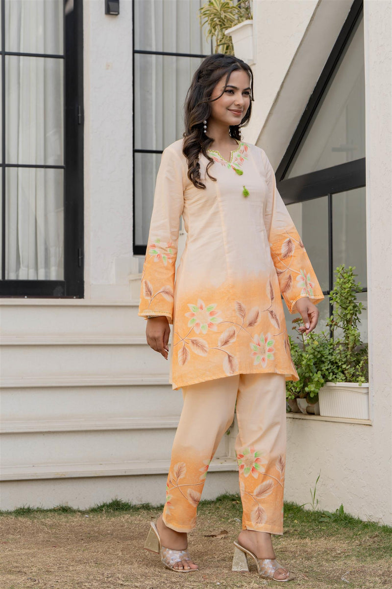 Woman Cotton V-Neck with Collor Hand Brush Painted Cord Set