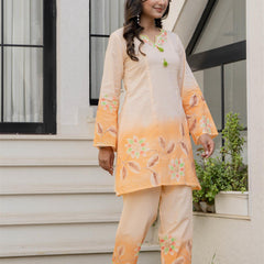 Woman Cotton V-Neck with Collor Hand Brush Painted Cord Set