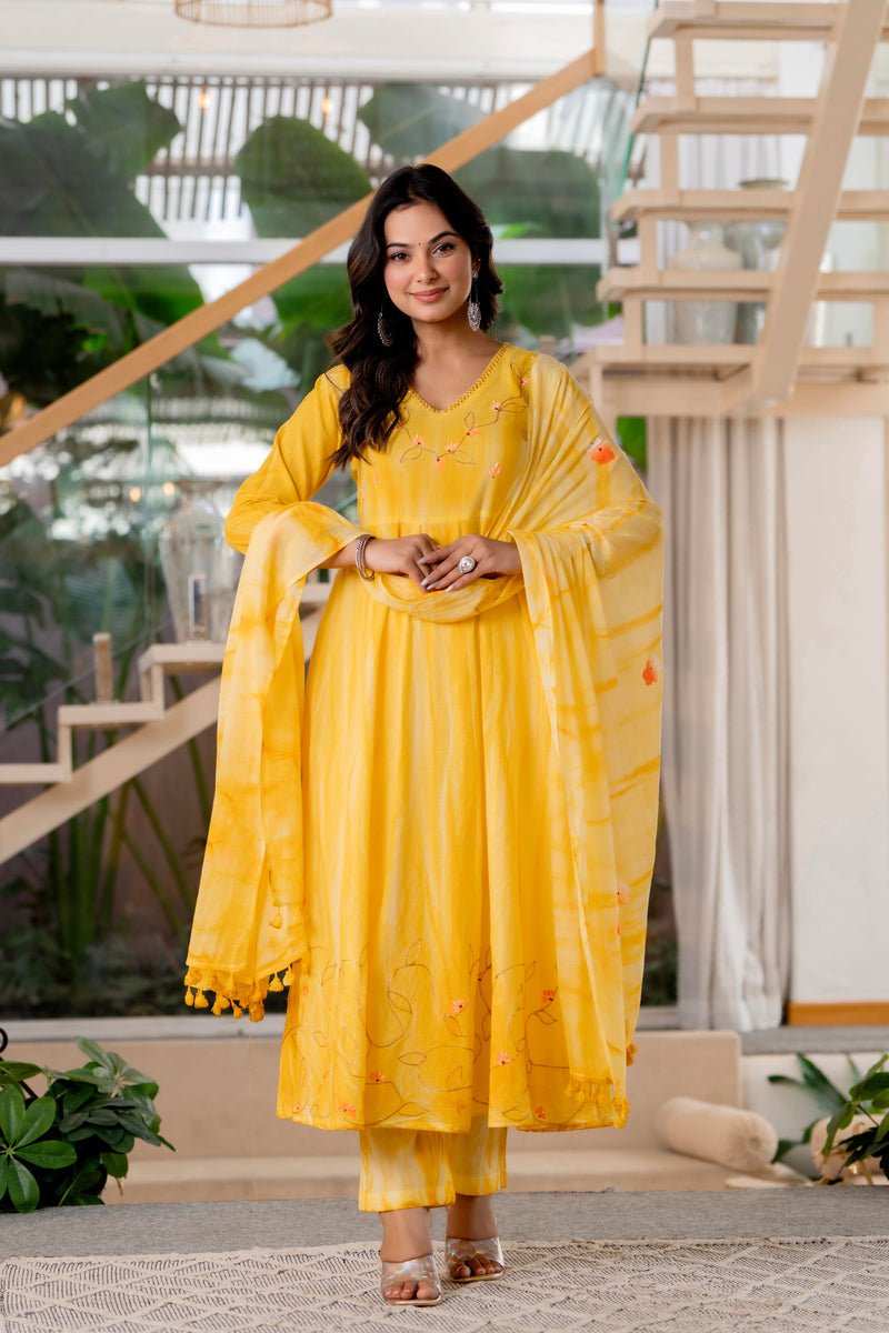 Women Yellow Tie&Dye and Manual embroidery Anarkali shape, kurta, pant & Duptta
