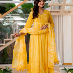 Women Yellow Tie&Dye and Manual embroidery Anarkali shape, kurta, pant & Duptta