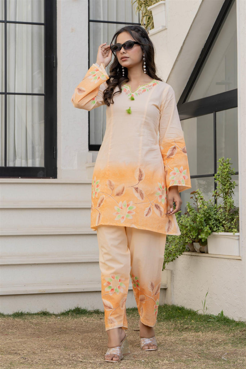 Woman Cotton V-Neck with Collor Hand Brush Painted Cord Set