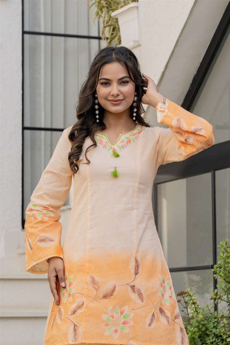 Woman Cotton V-Neck with Collor Hand Brush Painted Cord Set