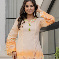 Woman Cotton V-Neck with Collor Hand Brush Painted Cord Set