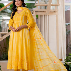 Women Yellow Tie&Dye and Manual embroidery Anarkali shape, kurta, pant & Duptta
