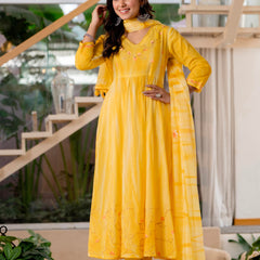 Women Yellow Tie&Dye and Manual embroidery Anarkali shape, kurta, pant & Duptta