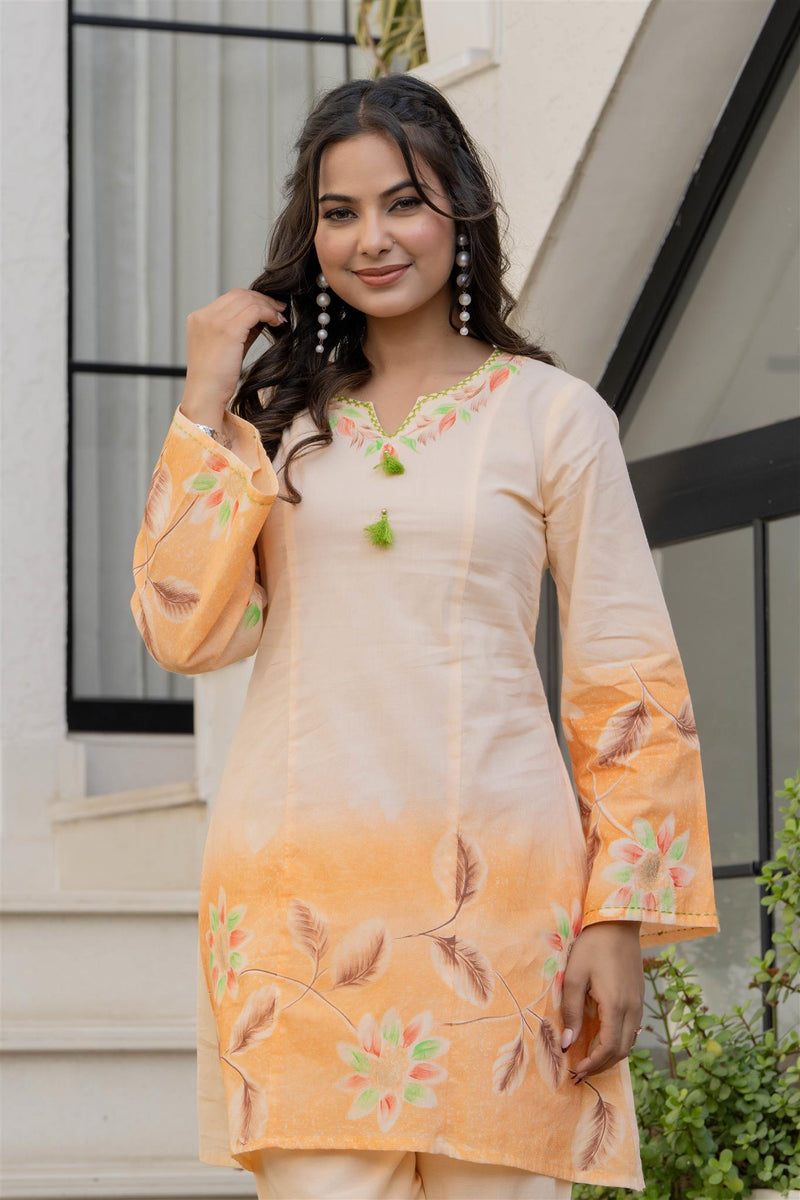 Woman Cotton V-Neck with Collor Hand Brush Painted Cord Set