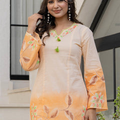 Woman Cotton V-Neck with Collor Hand Brush Painted Cord Set