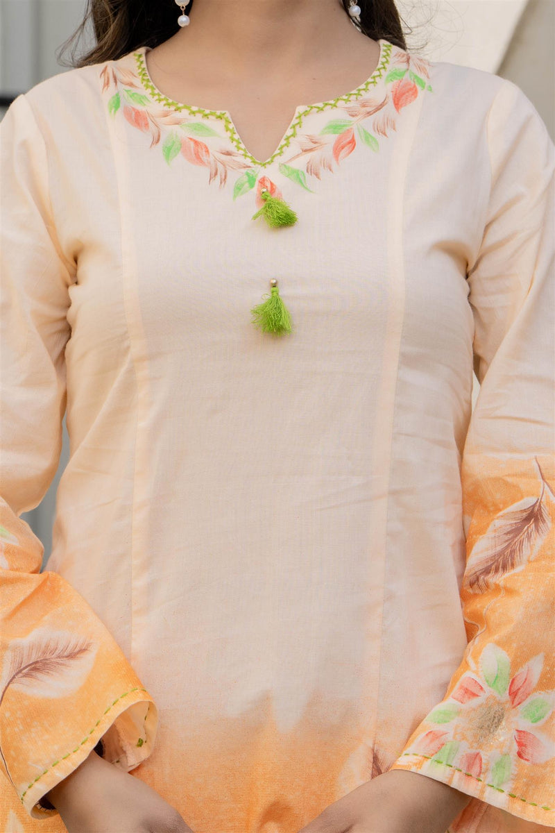 Woman Cotton V-Neck with Collor Hand Brush Painted Cord Set
