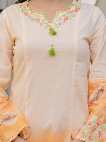 Woman Cotton V-Neck with Collor Hand Brush Painted Cord Set