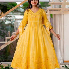Women Yellow Tie&Dye and Manual embroidery Anarkali shape, kurta, pant & Duptta