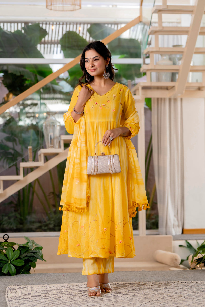 Women Yellow Tie&Dye and Manual embroidery Anarkali shape, kurta, pant & Duptta