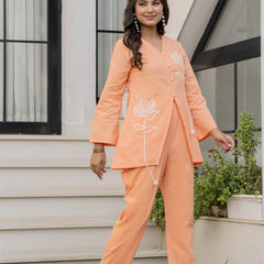 Woman Cotton V-Neck with Collor Hand Brush Painted Cord Set